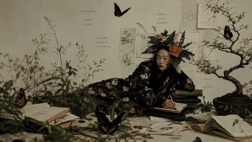 Woman surrounded by books, notes, plants, and butterflies, representing intellectualizing healing through overthinking and analysis.