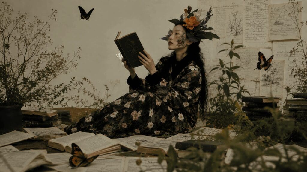 Woman surrounded by books, notes, plants, and butterflies, representing intellectualizing healing through overthinking and analysis.