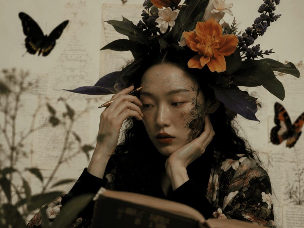 Woman surrounded by books, notes, plants, and butterflies, representing intellectualizing healing through overthinking and analysis.